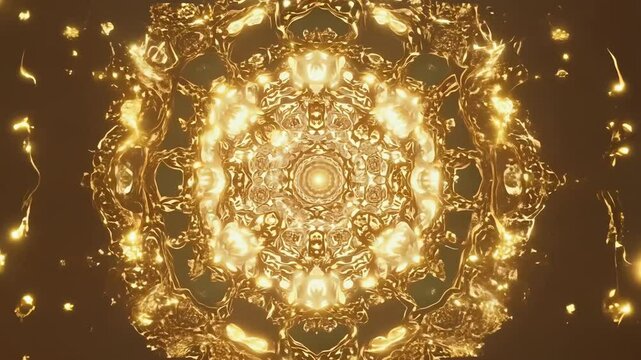 Kaleidoscope of abstract golden oriental patterns with intricate Arabic symmetrical mandala. A mesmerizing blend of shapes, meditation visuals. Ramadan celebration