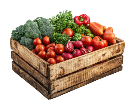 Fresh vegetables in a rustic wooden box ready for a healthy meal. Isolated on transparent background, png. - Powered by Adobe