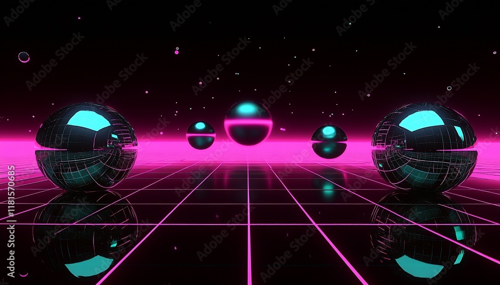 Aufkleber Futuristic Neon Virtual Reality Grid with Reflective Spheres and Starry Background in Sci-Fi Theme : Generative AI