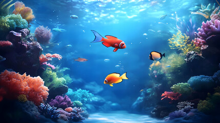 Fototapeta premium Colorful Fish Swim Through Vibrant Coral Reef Ecosystem Gracefully
