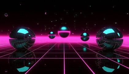 Futuristic Neon Virtual Reality Grid with Reflective Spheres and Starry Background in Sci-Fi Theme : Generative AI