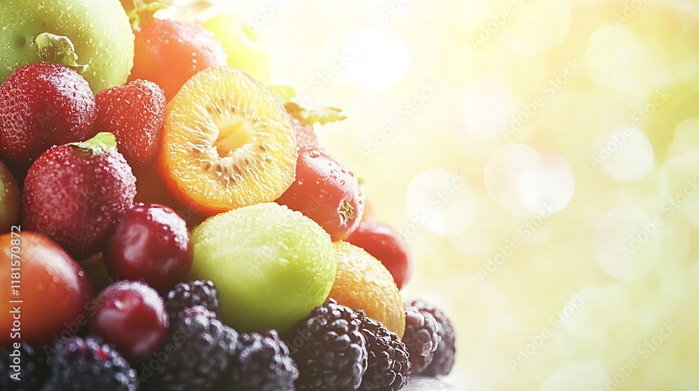 Poster Colorful Array of Fresh Summer Fruits with Dewy Texture and Bokeh Background in Bright Morning Light : Generative AI