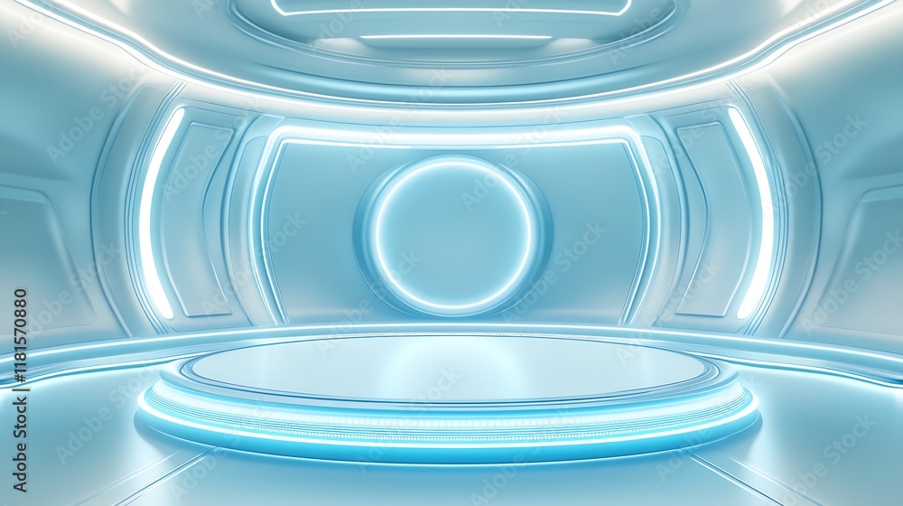 Poster futuristic white and blue sci-fi interior with illuminated circular platform : generative ai
