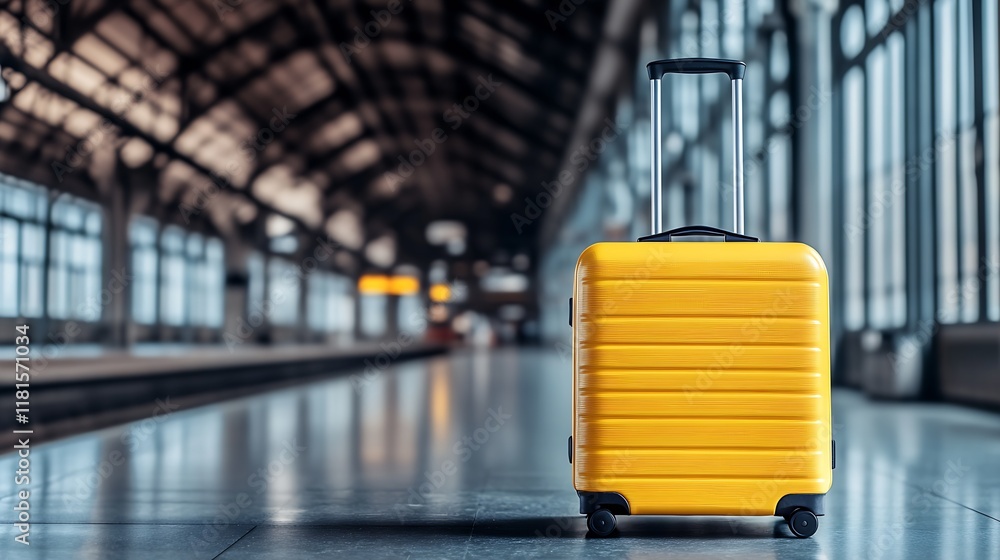 Aufkleber yellow travel suitcase standing alone in an empty train station terminal : generative ai