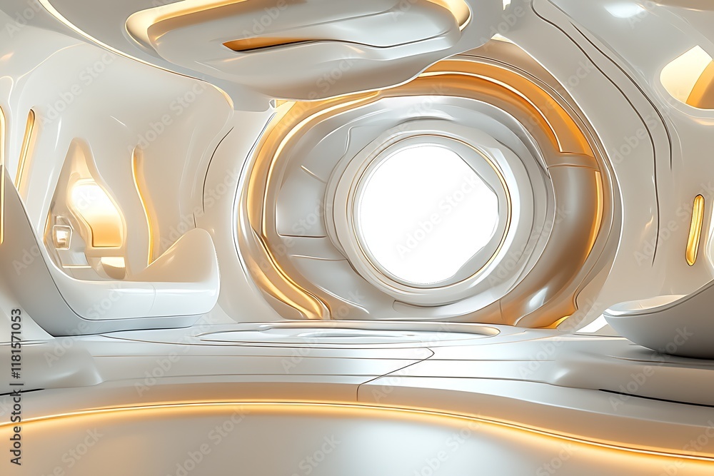 Poster Futuristic White and Gold SciFi Interior Design with Curved Architecture and Mood Lighting : Generative AI