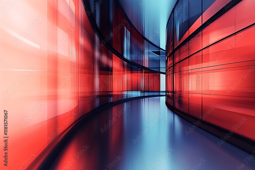 Poster futuristic curved architecture with red and blue glass in abstract hallway : generative ai