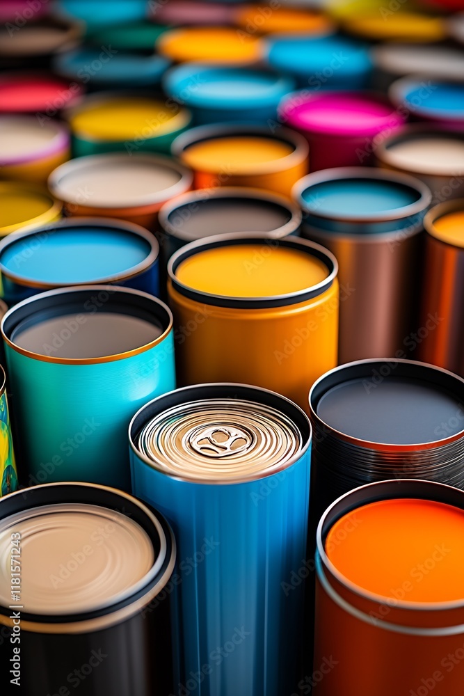 Poster Colorful Array of Open Paint Cans Displaying a Spectrum of Vibrant Hues for Artistic Inspiration : Generative AI