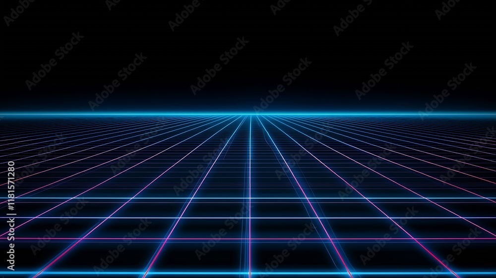 Poster retro futuristic neon grid with endless perspective evoking 1980s aesthetic digital design : generat