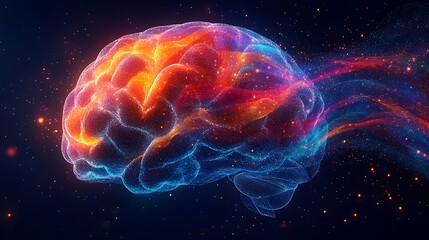 Digital illustration of a brain with memory emotion and reasoning areas highlighted in vivid colors designed for cognitive neuroscience visuals