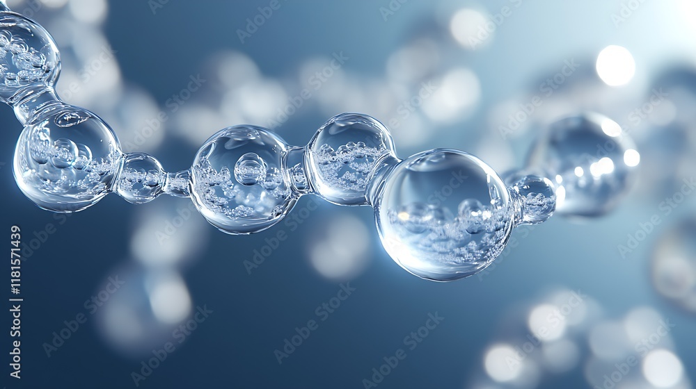 Poster close-up of connected clear water molecules with scientific light background : generative ai