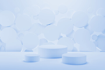 Light blue abstract stage - set of three round podiums, mockup, flying circles decor. Template 3D illustration modern airy scene for presentation cosmetic products, branding, goods, advertising, sale.