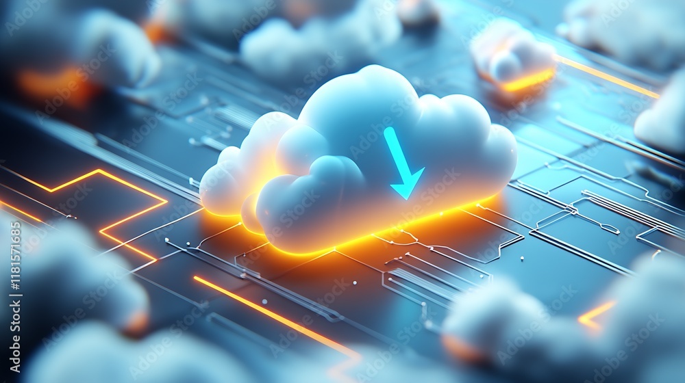 Aufkleber Futuristic Cloud Computing Technology with Neon Glow on Circuit Board : Generative AI