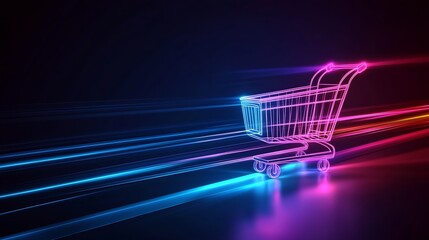 Neon Lit Shopping Cart Symbolizing Modern Online Retail Experience : Generative AI