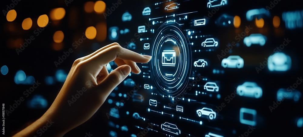 Poster Futuristic Touchscreen with Hand Interacting and Digital Icons in Technology Environment : Generative AI