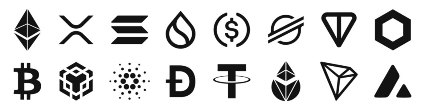 Cryptocurrency logo set. Collection of cryptocurrency vector icons isolated on transparent background. Bitcoin, ethereum, tether, xrp, bnb, solana and more. UKRAINE, KHARKIV, 8 JANUARY 2025