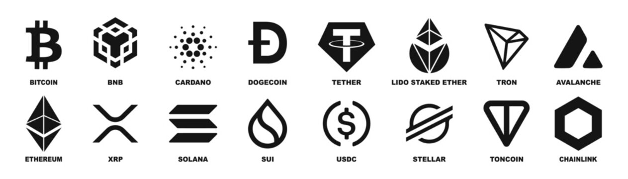 Cryptocurrency logo set. Collection of cryptocurrency vector icons isolated on transparent background. Bitcoin, ethereum, tether, xrp, bnb, solana and more. UKRAINE, KHARKIV, 8 JANUARY 2025