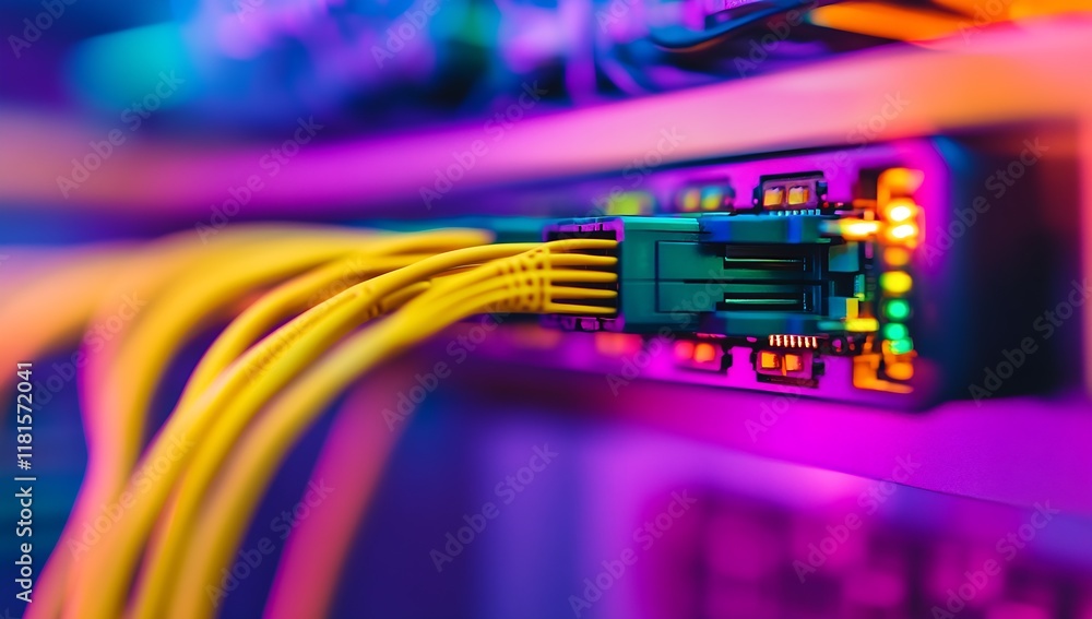 Poster vibrant ethernet cable connections in a data center with neon lighting : generative ai