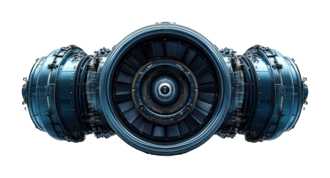 Thruster technology showcased with detailed close-up of the centralized design and engineering features. Isolated on transparent background, png.