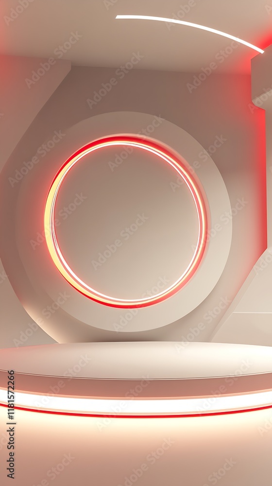 Poster minimalist sci-fi podium set with futuristic red and white lighting in a modern circular arena : gen