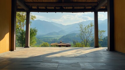 Serene Mountain View from Wooden Porch
