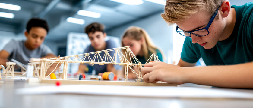 Students are collaborating on a structural engineering project, meticulously building a bridge model using straws and other materials in a classroom setting.