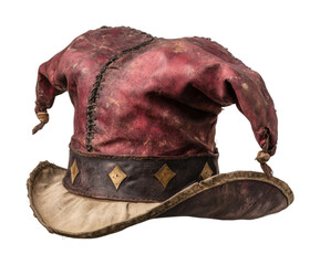 Old colorful jester hat with worn leather texture, medieval harlequin cap, vintage patchwork headwear, antique joker costume accessory, and festive design isolated on transparent background