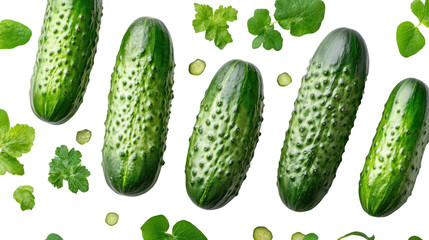 Fresh green cucumbers with textured skin and leafy garnish, organic vegetable arrangement, vibrant healthy food, perfect for salads or meals isolated on transparent background