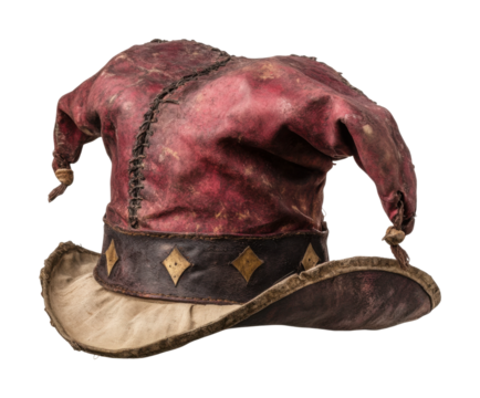 Old colorful jester hat with worn leather texture, medieval harlequin cap, vintage patchwork headwear, antique joker costume accessory, and festive design isolated on transparent background