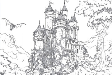 Naklejka premium Majestic stone castle covered in ivy with dragons flying overhead, set against a backdrop of trees and clouds, presented as a black and white coloring page