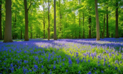 Vibrant bluebell flowers in forest