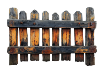 Rustic wooden fence panel, weathered picket design with natural texture, classic garden barrier or decorative outdoor feature isolated on transparent background