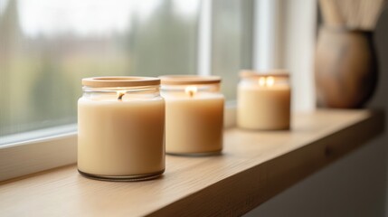 eco-friendly candle display, vegan soy wax candles with wooden wicks on a natural wooden shelf, complemented by earthy decor and an open farmhouse-style window