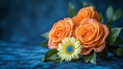Naklejka premium Vibrant Bouquet of Orange Roses and a White Daisy on Blue, Floral Arrangement for Greeting Card