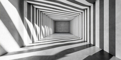 Naklejka premium Monochrome striped tunnel with light and shadow effects creating an optical illusion