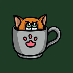Grumpy cat in a mug cartoon vector illustration