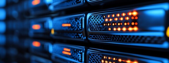 Close-up of server technology in data center.