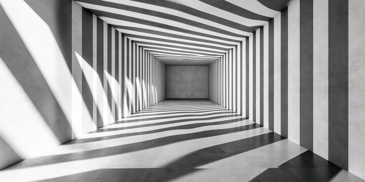 Monochrome striped tunnel with light and shadow effects creating an optical illusion
