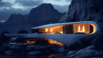 Fototapeta premium Modern House Nestled in the Mountains at Night with Scenic Views
