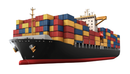 Massive cargo container ship loaded with colorful shipping crates, international freight transportation vessel at sea, maritime industry isolated on transparent background