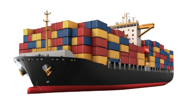 Massive cargo container ship loaded with colorful shipping crates, international freight transportation vessel at sea, maritime industry isolated on transparent background