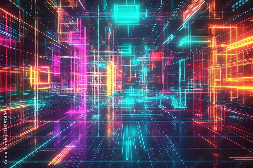 Poster vibrant futuristic neon digital grid with glowing cubes in a cyberpunk style cityscape : generative 