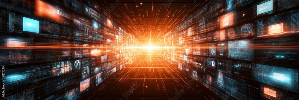 Aufkleber futuristic network dynamic technology background with blurry data streams in brilliant orange