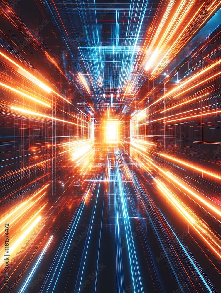 Poster Futuristic Abstract Light Speed Tunneling Effect with Neon Colors : Generative AI