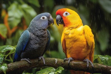 Obraz premium Two colorful parrots interact on a branch surrounded by lush greenery in a rainforest during a light rain shower