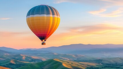 Naklejka premium Soft travel concept. Hot air balloon soaring over picturesque hills at sunset.