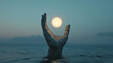 A massive stone hand rises majestically from calm waters, gently holding a glowing sun as twilight sets in. The surreal blend of elements captivates and inspires contemplation