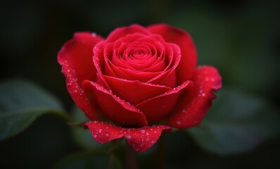 Vibrant red rose with dew droplets