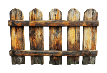 Rustic wooden fence panel, weathered picket design with natural texture, classic garden barrier or decorative outdoor feature isolated on transparent background