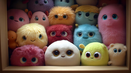 Fototapeta premium Cute Plush Toys Peek from Box: Colorful, Fluffy Fun