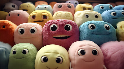 Colorful Plush Toys Display Their Charming Smiles Joyfully Together